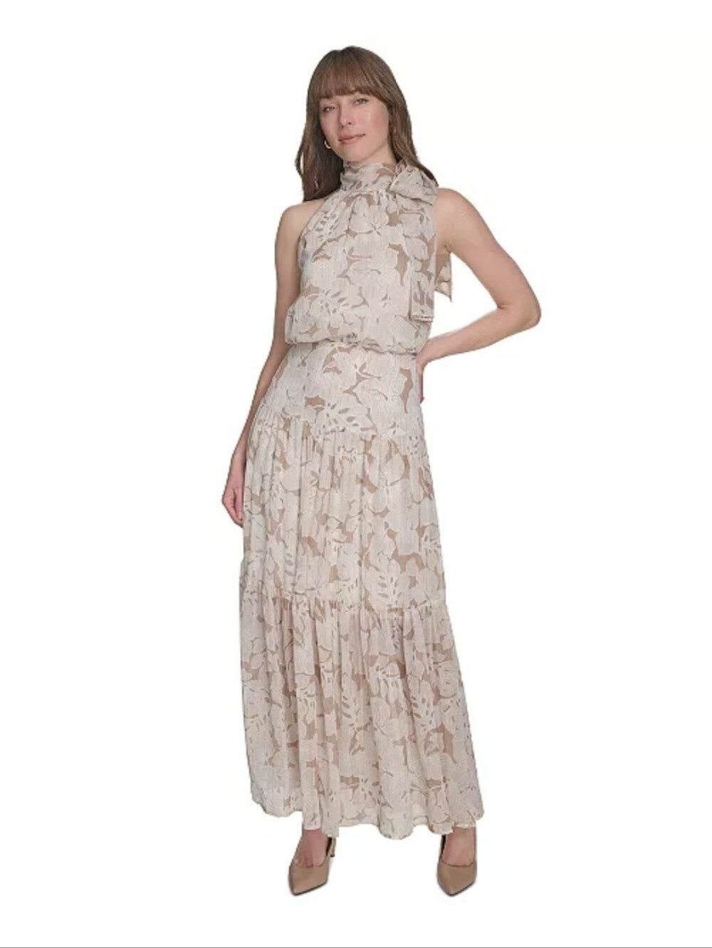 Tommy Hilfiger NWT $149 Beige Floral Halter Tiered Maxi Dress Size 4 Boho